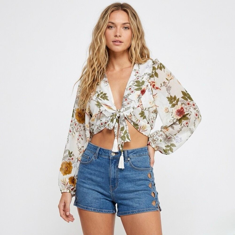 Lulumari Floral Tie Front Crop Top Boho Summer Fairycore Coquette Cottage Medium